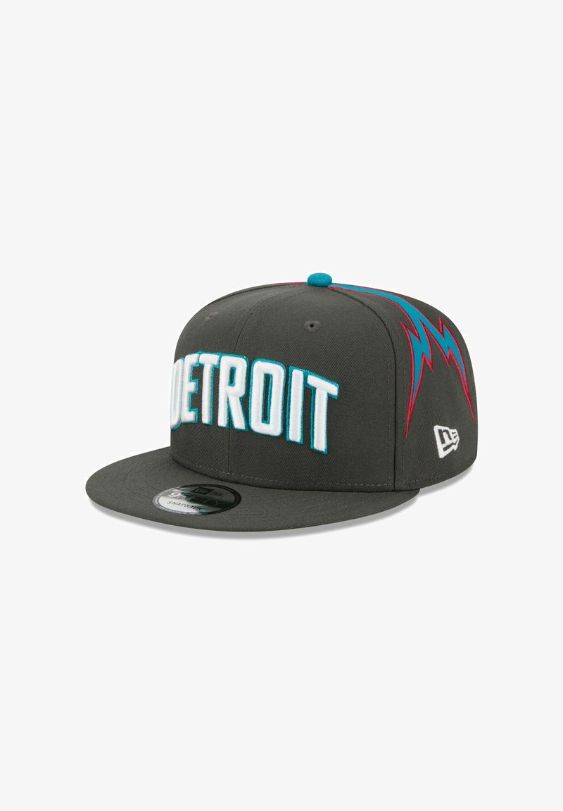 Gray snapback cap featuring "DETROIT" in bold white embroidery, accented with teal and red lightning patterns on the crown.