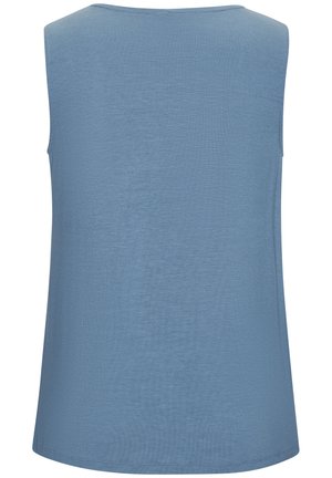 Beigalė liemenė šviesiai mėlynos spalvos audiniu, su lygiu paviršiumi ir apvaliu iškirpimu. Sukurta patogiam prigludimui, pilvukas baigiasi klubų aukštyje.