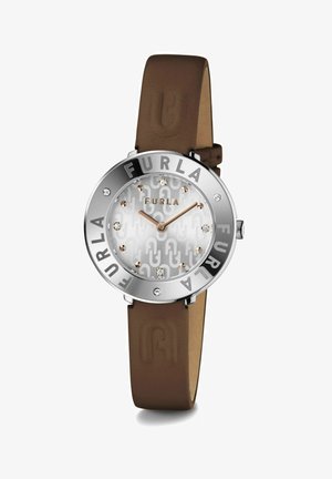 Rund ur med en sølvfarvet urskive, brun læderrem og metallisk bezel præget med "FURLA." Uret har glitrende timeindikatorer.