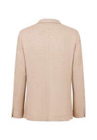 Beiges Blazer mit strukturierter Webung, einreihiger Knopfverschluss, Reverskragen und langen Ärmeln mit Knopfdetails an den Manschetten.