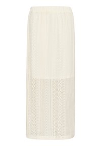 Jupe midi en dentelle écrue avec des motifs intricats, taille élastique et design fluide. Tissu texturé et léger.
