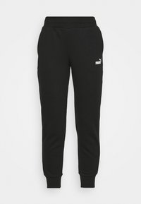 Pantalones de chándal negros hechos de una mezcla de algodón, con una cintura con cordón, puños acanalados y un logo blanco de Puma en el muslo izquierdo.