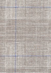 Braun- und beigetöniger gewebter Stoff mit einem Karomuster, das blaue Linien aufweist. Die Textur erscheint weich und leicht strukturiert, was sich gut für das Schneidern eignet.