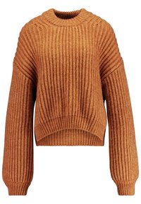 Gruby sweter prążkowany w kolorze rdzawego pomarańczu. Posiada skrócony dół, szerokie rękawy i okrągły dekolt. Dzianinowa tekstura dodaje ciepła i wymiaru.