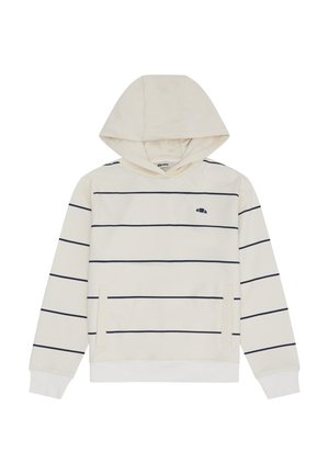 Beige hooded sweatshirt with navy horizontal stripes, front kangaroo pocket, and small navy semi-circle logo on chest.