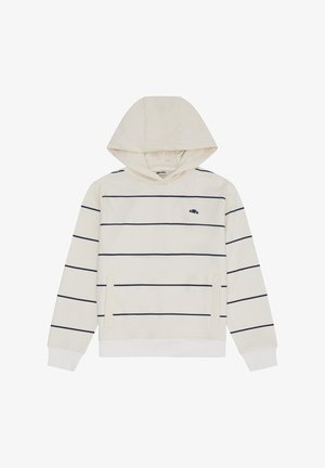 Bež pulover s kapuco z mornarsko modrimi vodoravnimi črtami, sprednjim žepom kenguru in majhnim mornarsko modrim polkrožnim logotipom na prsih.