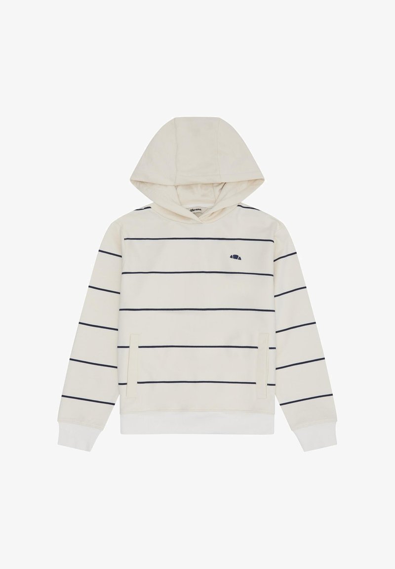 Sweat à capuche beige avec des rayures horizontales bleu marine, poche kangourou avant et petit logo en demi-cercle bleu marine sur la poitrine.