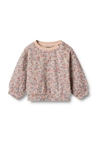 Felpa leggera rosa chiaro con motivo floreale, maniche lunghe a sbuffo, scollo a costine e dettagli con bottoni a pressione sulla spalla. Materiale misto cotone.
