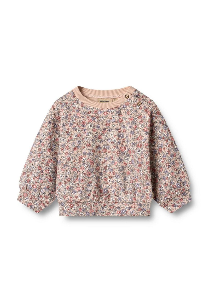 Felpa leggera rosa chiaro con motivo floreale, maniche lunghe a sbuffo, scollo a costine e dettagli con bottoni a pressione sulla spalla. Materiale misto cotone.