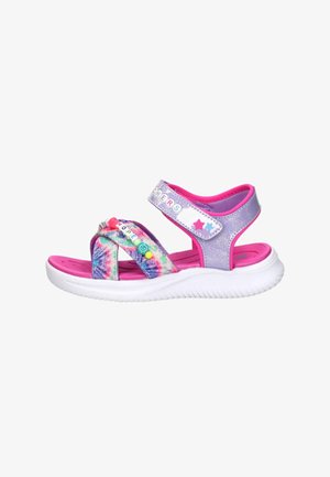 Children's pink and purple sandal with white sole, tie-dye straps, and decorative letter beads spelling "HOPE" and "DREAMERS."