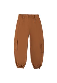 Cargo pants in een warme bruine kleur, gemaakt van glad materiaal, met elastische enkelmanchetten en zijzakken met kleppen.