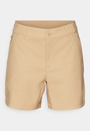 Beige shorts lavet af blødt stof med flad front, knaplukning og lynlåslomme på siden. Har pæne syninger og et klassisk snit.