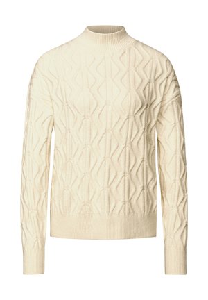 Suéter de punto crema que presenta un patrón geométrico texturizado, puños y dobladillo acanalados, con cuello redondo. Fabricado en una tela suave y cálida.