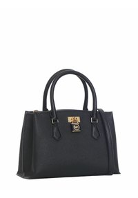 Borsa nera strutturata con texture, doppio manico, finiture in oro, un accento a forma di lucchetto e una forma strutturata. Presenta uno spazio interno per riporre gli oggetti.
