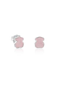 Pendientes de studs en forma de oso rosa con un acabado brillante, hechos de metal en tono plateado. Presentan una textura suave y un diseño sencillo.