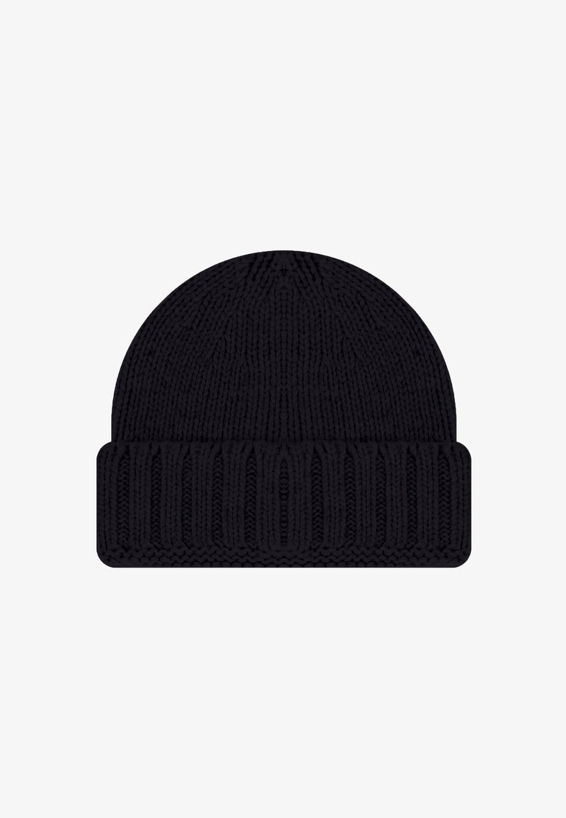 Czarna dziana czapka beanie z okrągłym wierzchołkiem i szerokim ściągaczem. Wykonana z grubego włóczki, zapewniająca ciepło i komfort.
