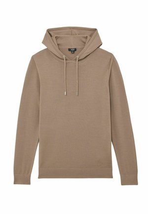 Brown long-sleeve hoodie with drawstrings, ribbed cuffs, and a straight hem, laid flat on a white background.