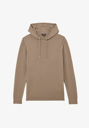 Rudas ilgomis rankovėmis džemperis su gobtuvu, su raišteliais, ribintais rankogaliais ir tiesia apačia, išdėliotas ant balto fono.