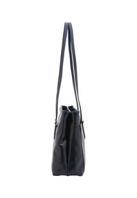 Borsa tote nera in pelle lucida con due manici, forma rettangolare e parte superiore leggermente arricciata. Texture liscia, design minimalista.