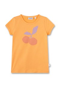 Oranges Baumwoll-T-Shirt mit kurzen Ärmeln, einem Rundhals und einem Grafikdesign von zwei stilisierten Kirschen mit einem Blatt in Lila und Pink.