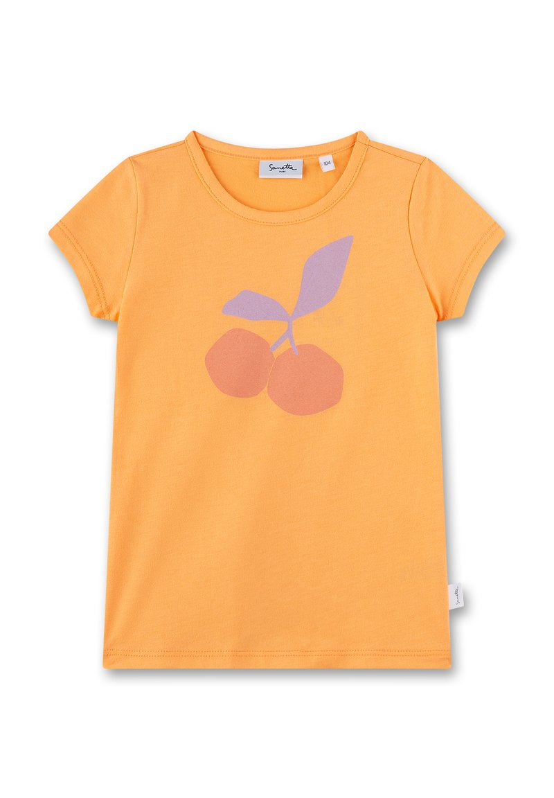 Oranges Baumwoll-T-Shirt mit kurzen Ärmeln, einem Rundhals und einem Grafikdesign von zwei stilisierten Kirschen mit einem Blatt in Lila und Pink.