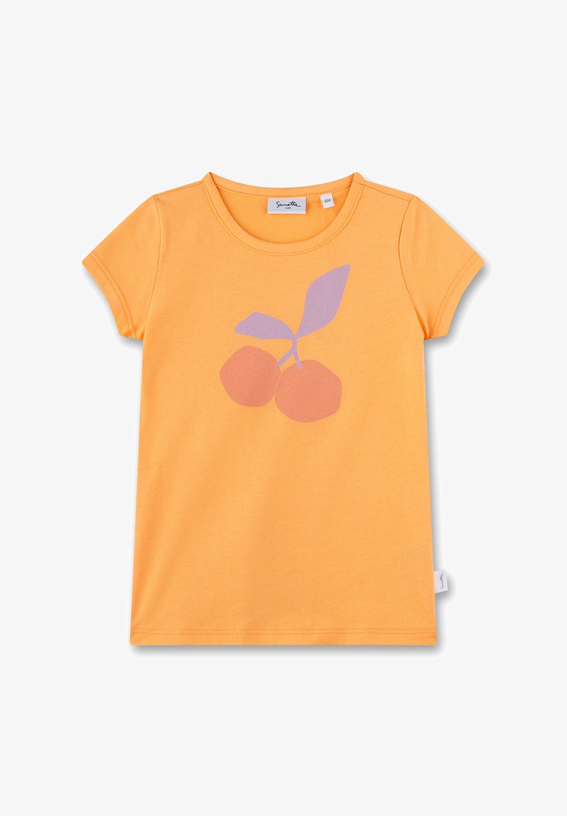 Oranges Baumwoll-T-Shirt mit kurzen Ärmeln, einem Rundhals und einem Grafikdesign von zwei stilisierten Kirschen mit einem Blatt in Lila und Pink.