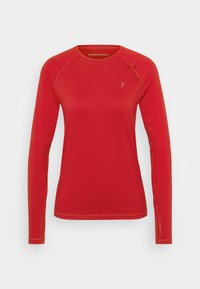 Červená dlhá rukávová košeľa vyrobená z syntetického materiálu, s okrúhlym výstrihom, raglánovými rukávmi a malým logom na hrudníku.