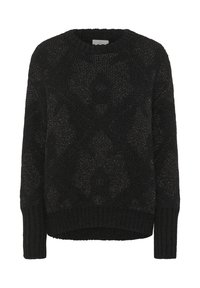 Sort strikket sweater med et struktureret diamant- og ovalmønster, der har ribkant ved ærmer, nederste kant og halsudskæring.