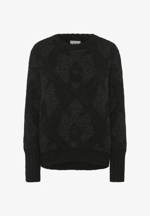 Pull en tricot noir avec un motif texturé de diamants et d'ovales, doté de poignets, d'un ourlet et d'un col côtelés.