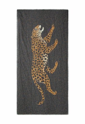 Donkere sjaal met een gedetailleerde illustratie van een klimmende luipaard met oranje en zwarte vlekken langs het midden.
