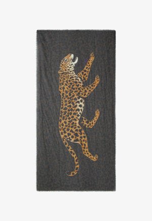 Dunkler Schal mit einer detaillierten Illustration eines kletternden Leoparden in orange-schwarzen Flecken entlang der Mitte.