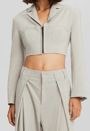 Beige cropped blazer med lange ærmer og frontlynlås, kombineret med beige højtaljede plisserede bukser.