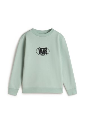 Mint green sweatshirt made of soft fabric, featuring a black oval Vans logo on the chest and ribbed cuffs and hem.