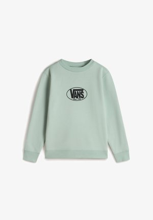 Vaaleanvihreä collegepusero pehmeästä kankaasta, jossa on musta soikea Vans-logo rinnassa sekä ribbikuvioidut hihansuut ja helma.