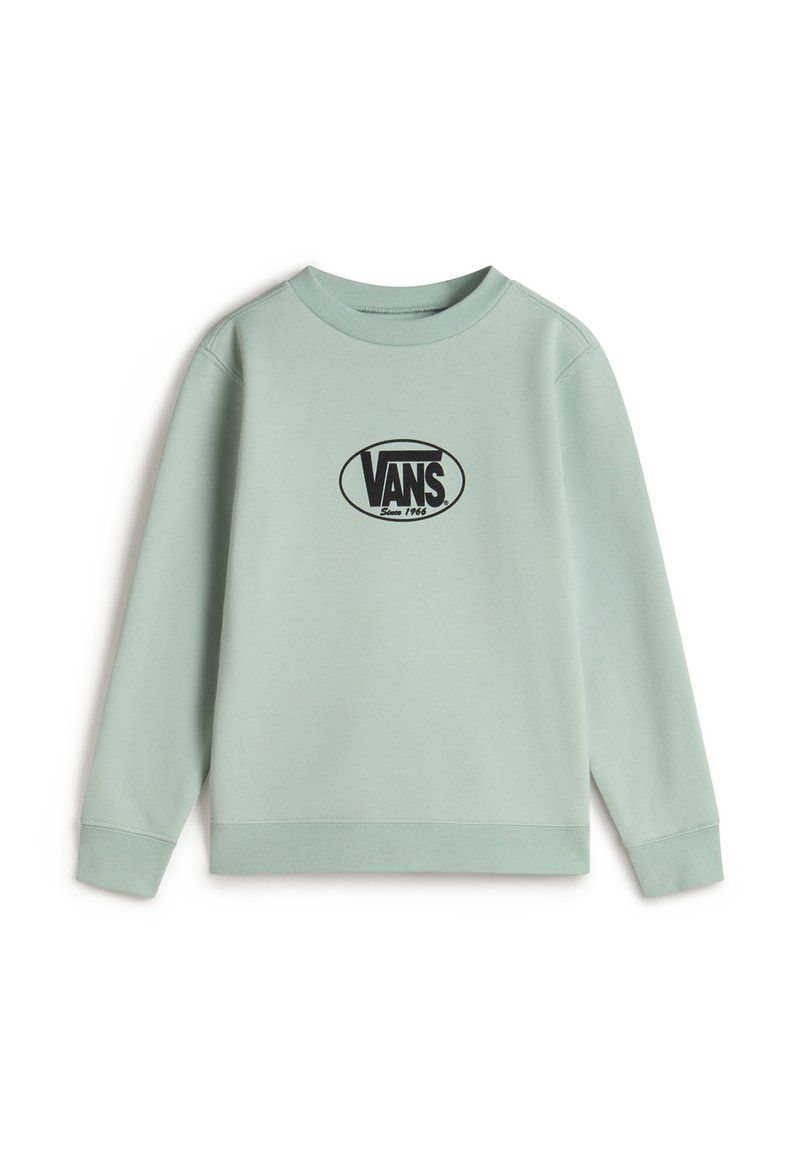 Mintgrüner Sweatshirt aus weichem Stoff mit einem schwarzen ovalen Vans-Logo auf der Brust sowie gerippten Bündchen und Saum.
