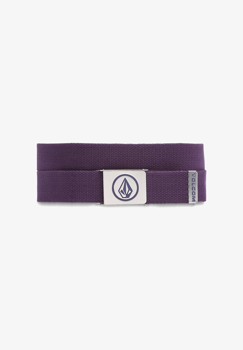 Purple woven belt featuring a silver rectangular buckle with a logo and a small tag on the end. Robust and textured material.