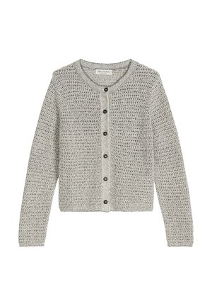 Cardigan en maille grise avec une texture gaufrée, col rond, manches longues et sept boutons noirs sur le devant.