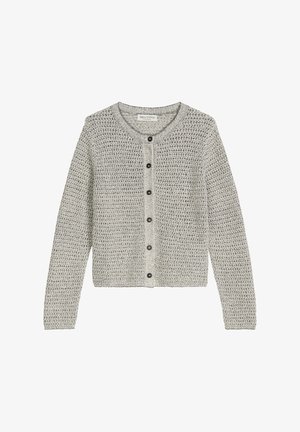 Cardigan en maille grise avec une texture gaufrée, col rond, manches longues et sept boutons noirs sur le devant.