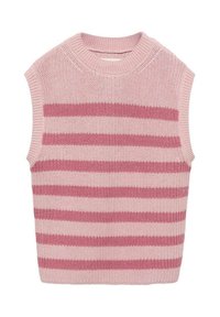 Bezrukávový pletený svetr v světlé růžové barvě s vodorovnými tmavě růžovými pruhy. Disponuje žebrovaným kulatým výstřihem a strukturovaným pleteným vzorem.