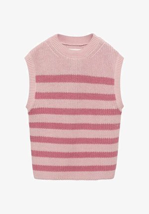 Ärmelloser Strickpulli in Hellrosa mit horizontalen dunkelrosa Streifen. Verfügt über einen gerippten Rundhalsausschnitt und ein strukturiertes Strickmuster.