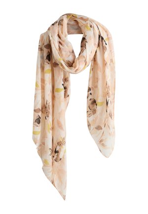 Écharpe légère en voile pêche claire avec des motifs doux de lapins marron et beige et de feuilles, drapée en boucles lâches.