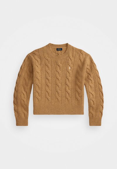 Suéter marrón de punto trenzado con cuello redondo, puños y dobladillo acanalados, con un pequeño logo en el pecho, hecho de tela texturizada.