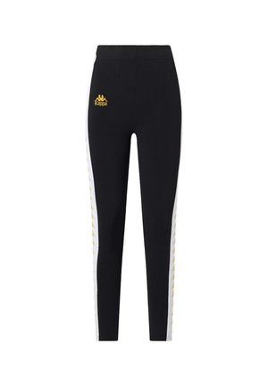 Leggings neri con una vita elastica, caratterizzati da pannelli laterali bianchi adornati da dettagli con logo giallo. Realizzati in un materiale elastico e liscio.
