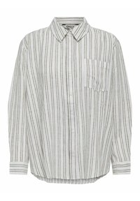 Camicia bianca button-up con righe verticali grigie, colletto e una singola tasca sul petto. Il tessuto sembra leggero con una finitura texturizzata.