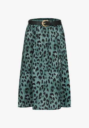 Žalias leopardų rašto sijonas su juodomis detalėmis, apjuostas juodu diržu ir auksine sagtimi. Laisvas dizainas su kelių ilgio apdailą.