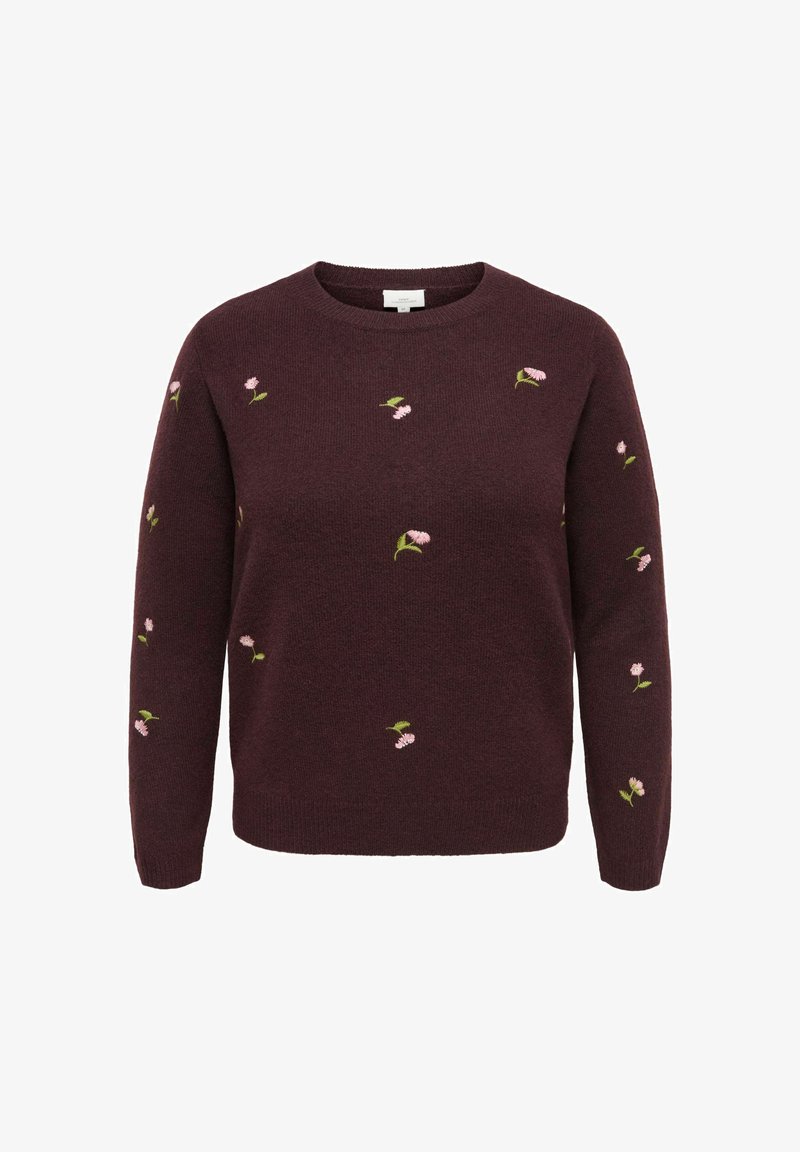 Pull en maille violet foncé avec petites broderies de fleurs roses dispersées sur le devant et les manches, col rond, manches longues.