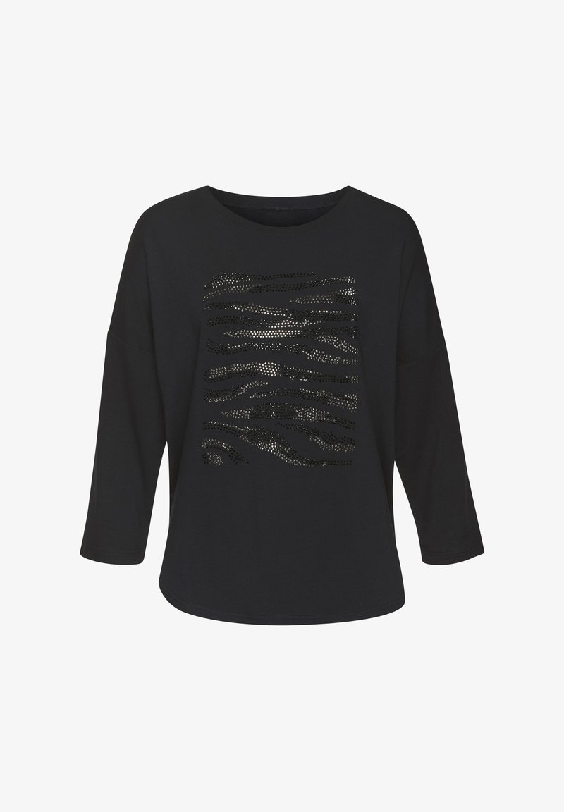 Juodas ilgomis rankovėmis marškinėliai su tekstūruotu, bangų formos audiniu ir metalinėmis detalėmis priekyje. Minkšta medžiaga su laisvu kirpimu ir plačiu iškirpimu.