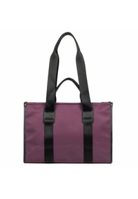 Borsa tote viola realizzata in tessuto resistente con manici e dettagli neri, caratterizzata da una forma rettangolare e manici superiori per un facile trasporto.