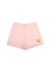 Pink cotton shorts with an elastic waistband, featuring a Pikachu graphic and the word "Pokémon" in white. Smooth texture, casual design.