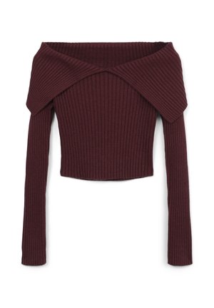 Burgunderfarbener, schulterfreier, gerippter Strickpullover mit langen Ärmeln und kurzem Saum, der mit einem breiten, überlappenden Kragen-Design versehen ist.